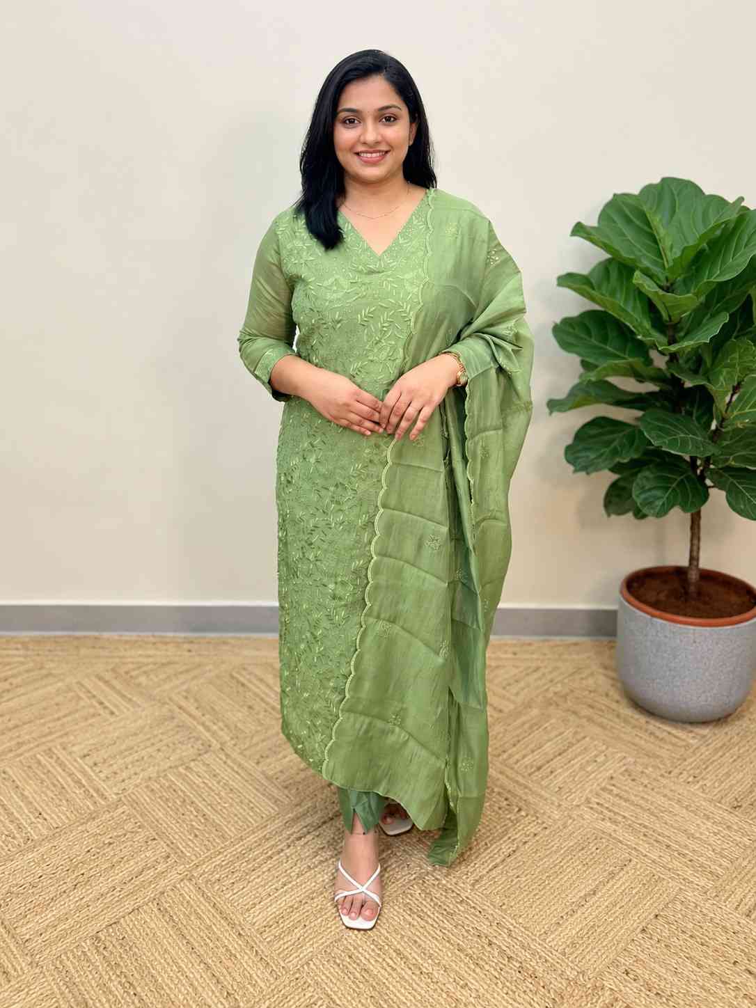 3 Piece set in Chanderi silk, pastel green color