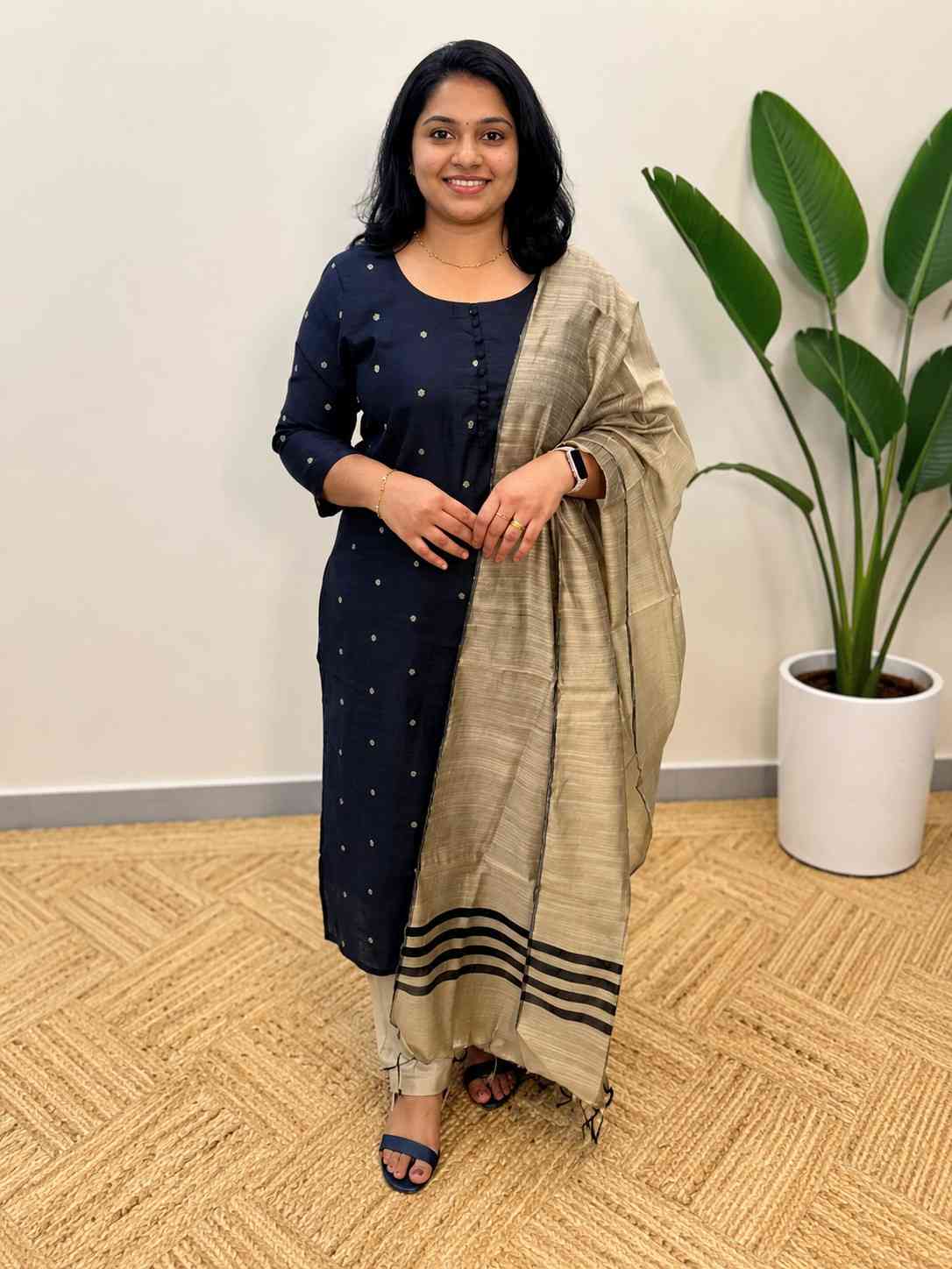 3 Piece set in cotton silk with butta weaving, black color