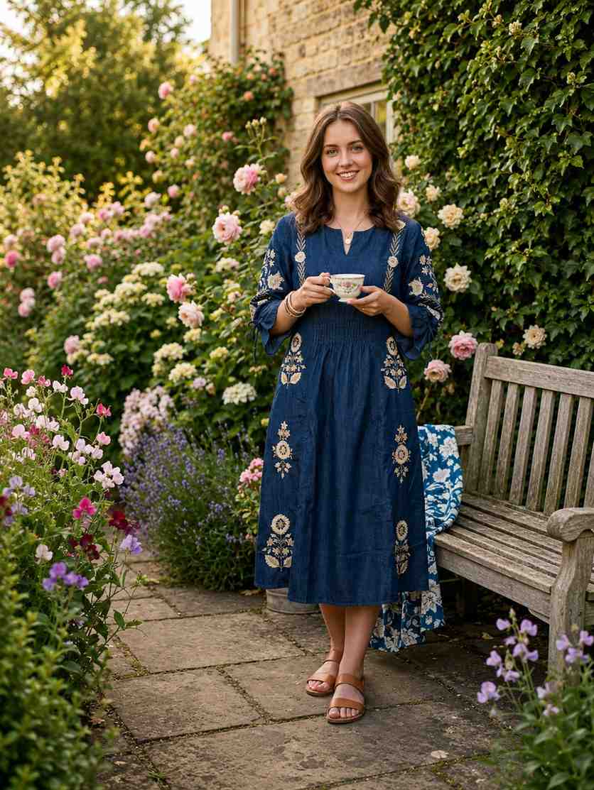 Denim Frock with embroidery in yoke and sleeves