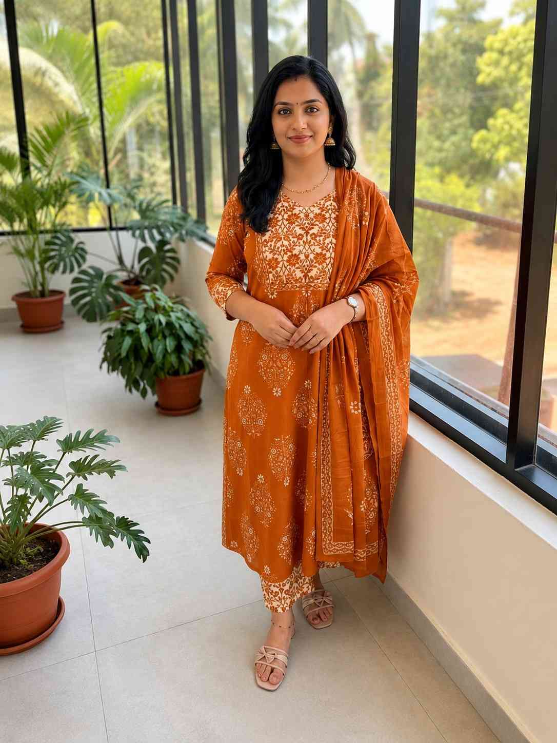 3 piece set in printed cotton ,Rust color