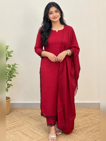 3 piece set in Muslin silk, Chilli Red and black combo