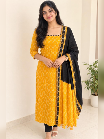 3 piece set in cotton Ikkat- Bright Yellow and Black combo