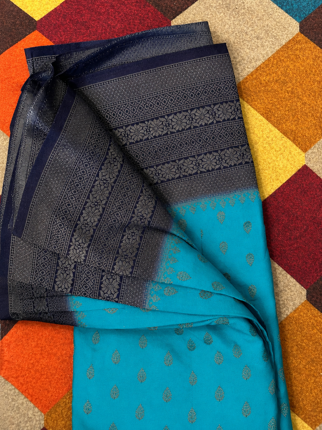 Turquoise Blue & Black Woven Saree