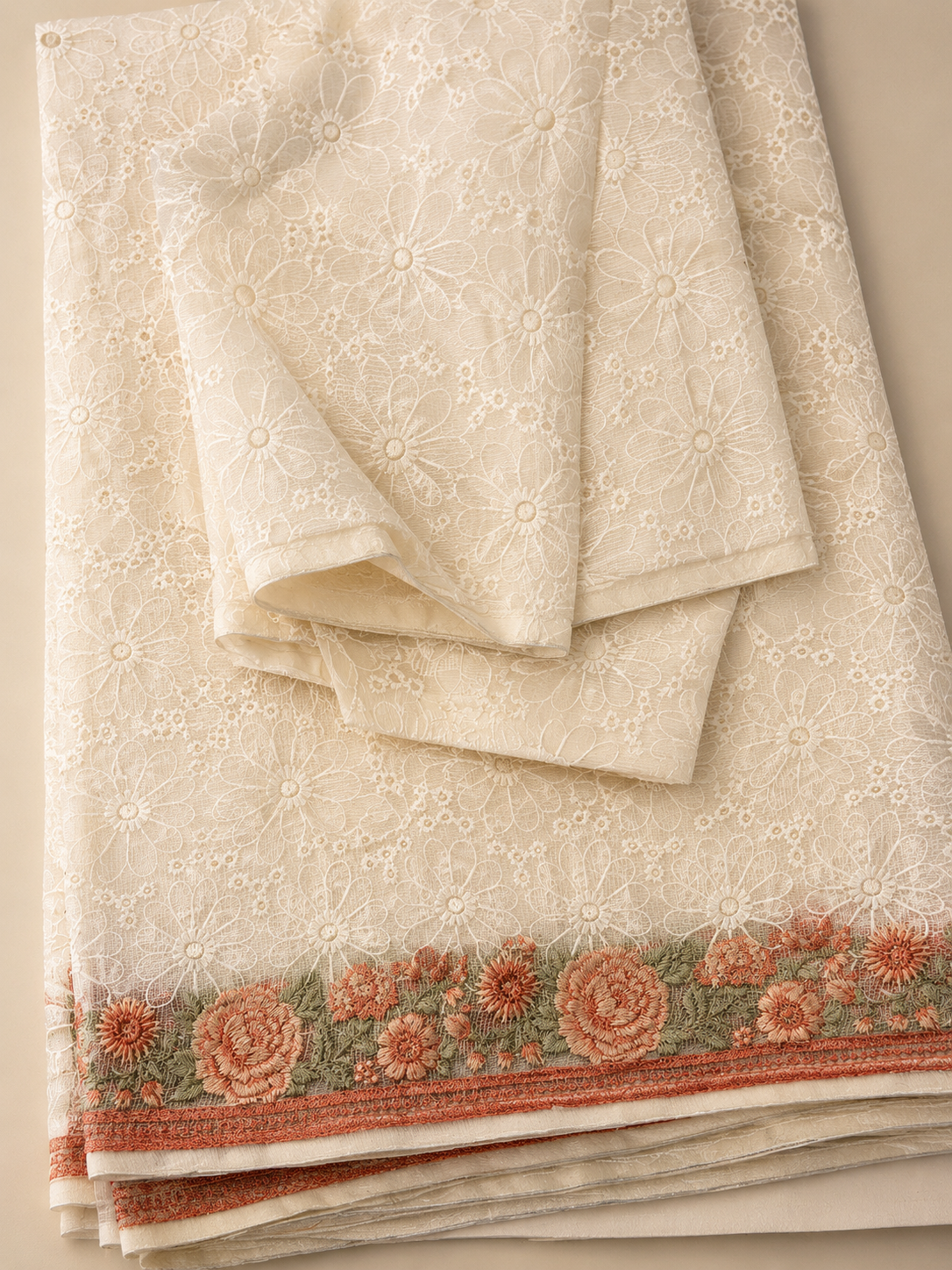 Cream & Gold Saree with Floral Border