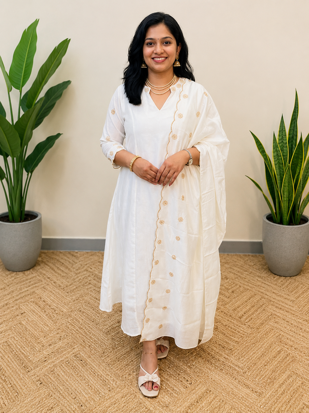 Top and Dupatta set in Vichitra Silk white
