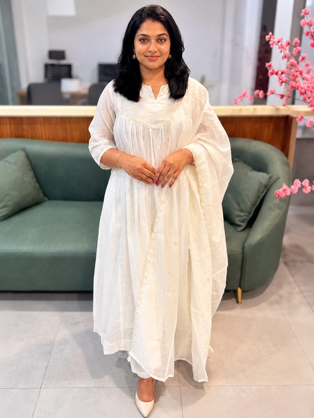 Premium 3 piece set in Mul Chanderi Off White