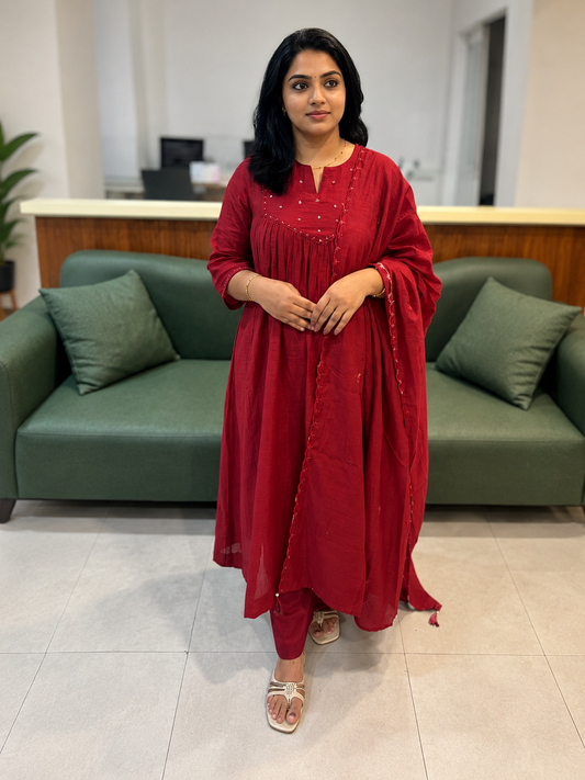 Premium 3 piece set Mul Chanderi,Chilli  Red