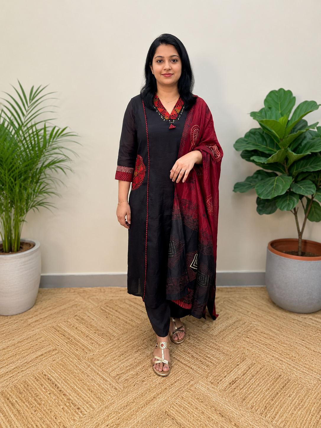 3 piece set in Glass Chanderi Fabric,Black & Maroon Combo