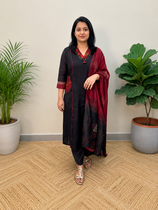 3 piece set in Glass Chanderi Fabric,Black & Maroon Combo