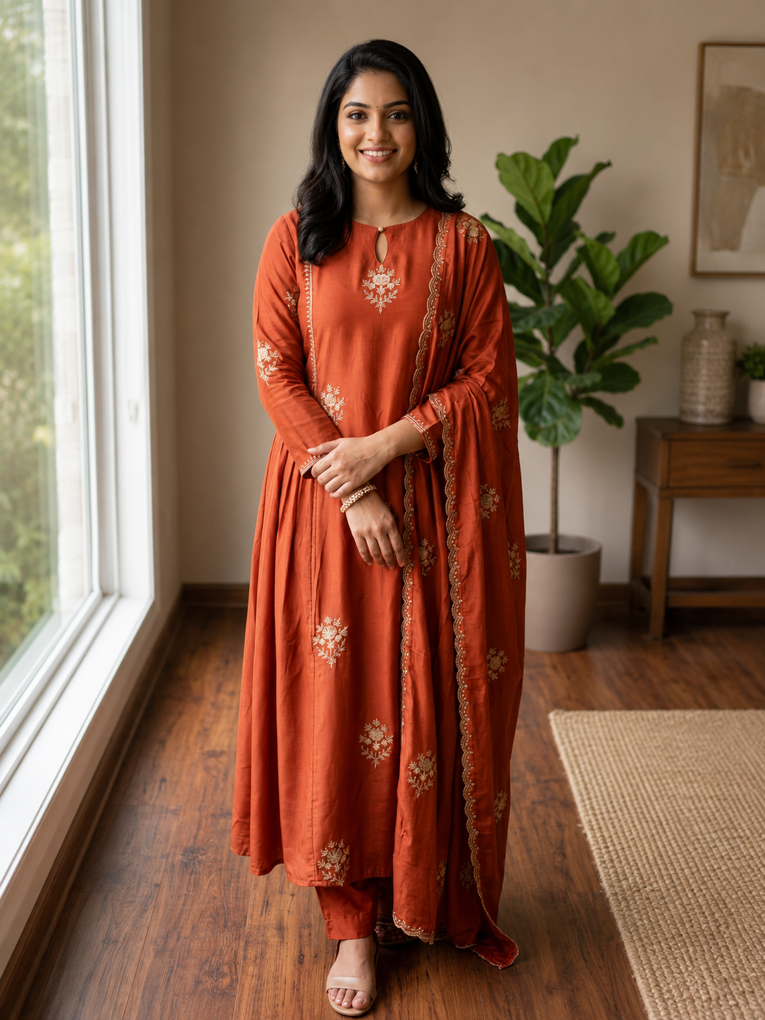 Premium 3 piece set in MulChanderi fabric ,Burnt Orange color