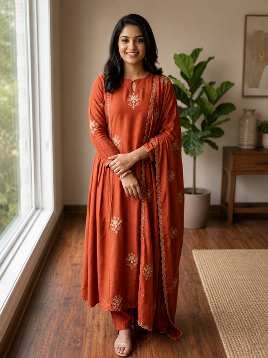 Premium 3 piece set in MulChanderi fabric ,Burnt Orange color