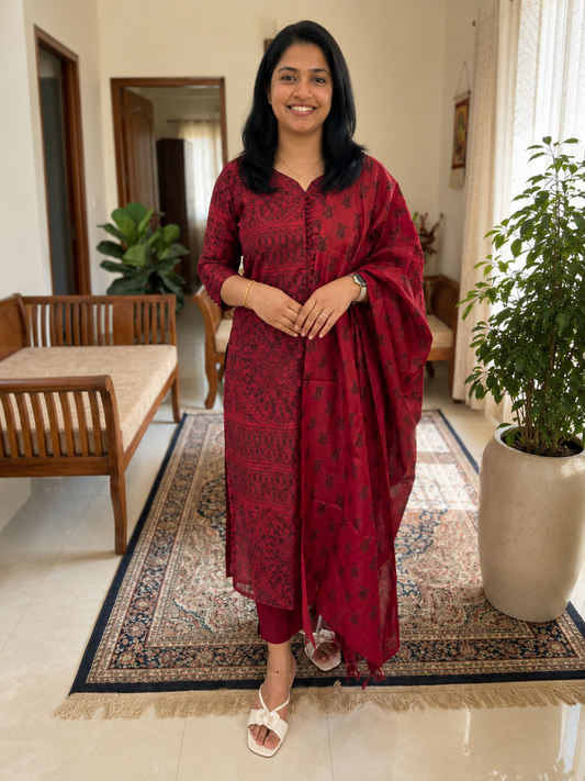 3 piece set in Net Kota fabric,Reddish Maroon color