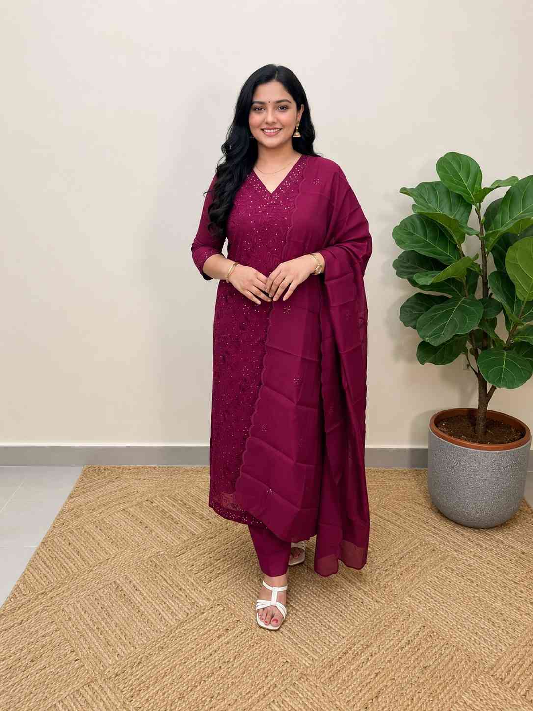 3 Piece set in chanderi silk, purple color