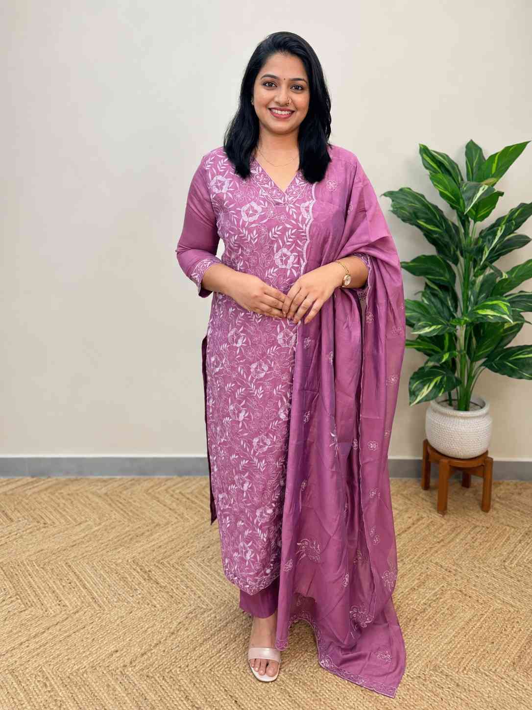 3 Piece set in Chanderi silk, lavender color