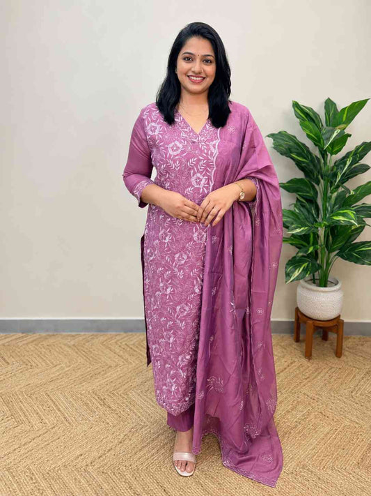 3 Piece set in Chanderi silk, lavender color