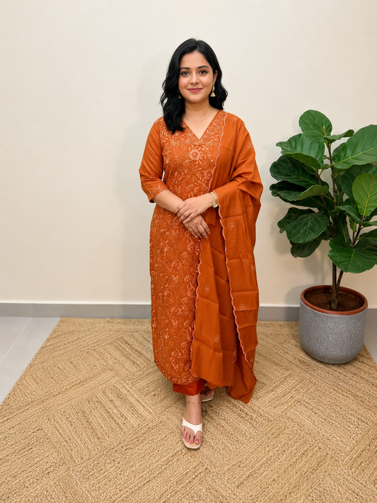 3 piece set in Chanderi Silk      Color/Burnt Orange