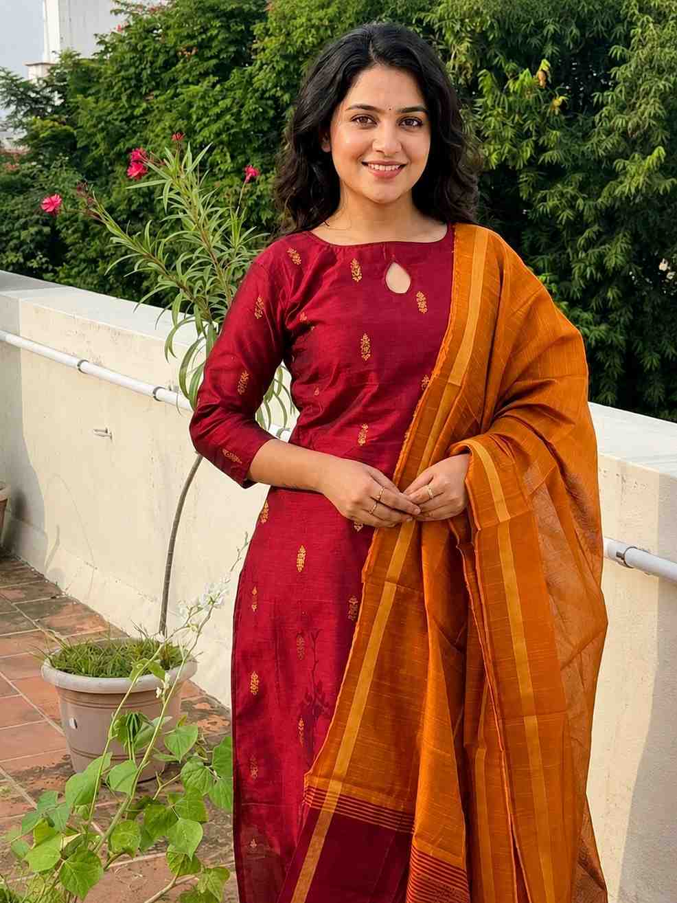 3 Piece set in raw silk with buttas, red and yellow color combo