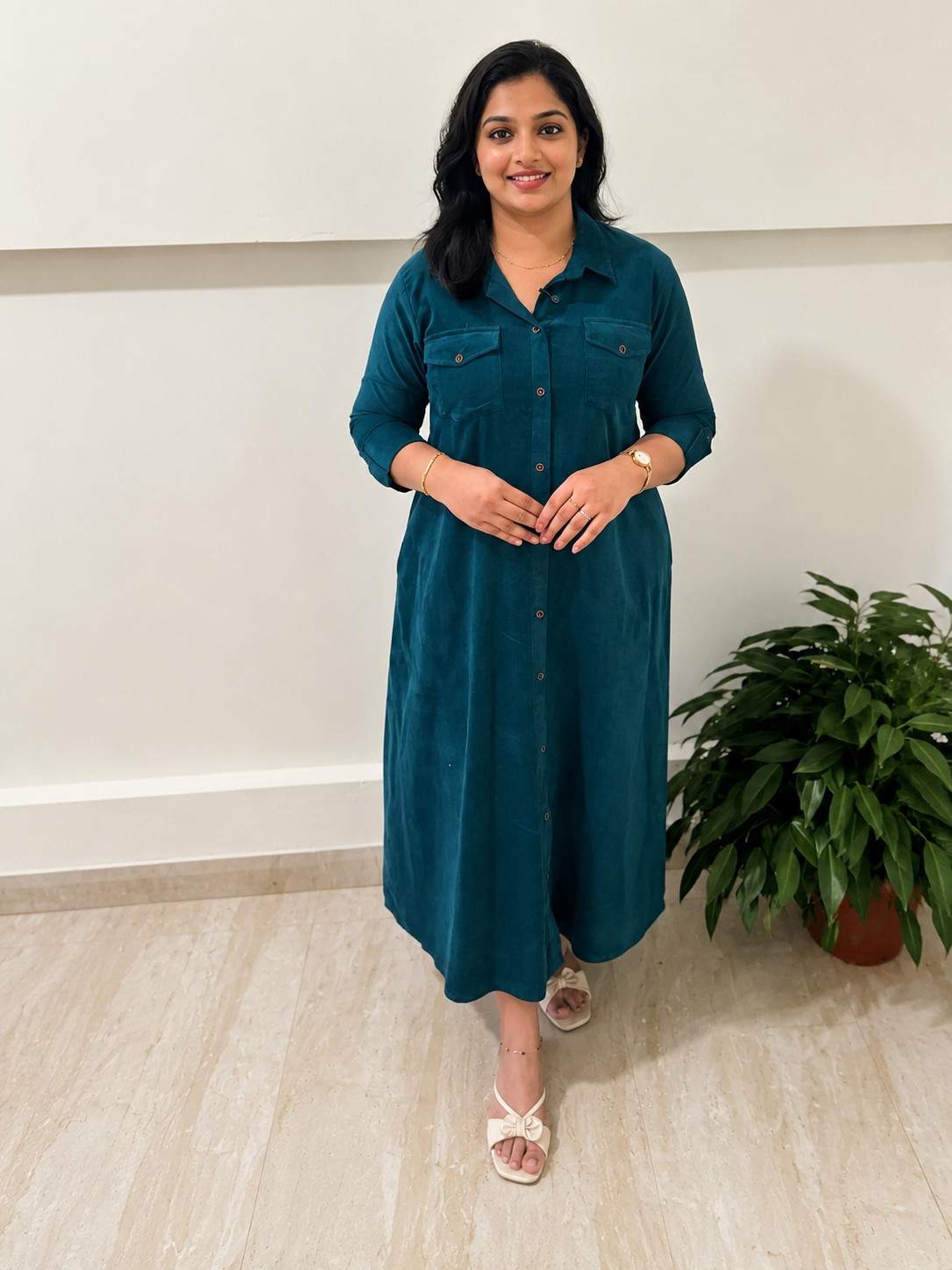 Long Dress in Coduroy,Teal Blue color