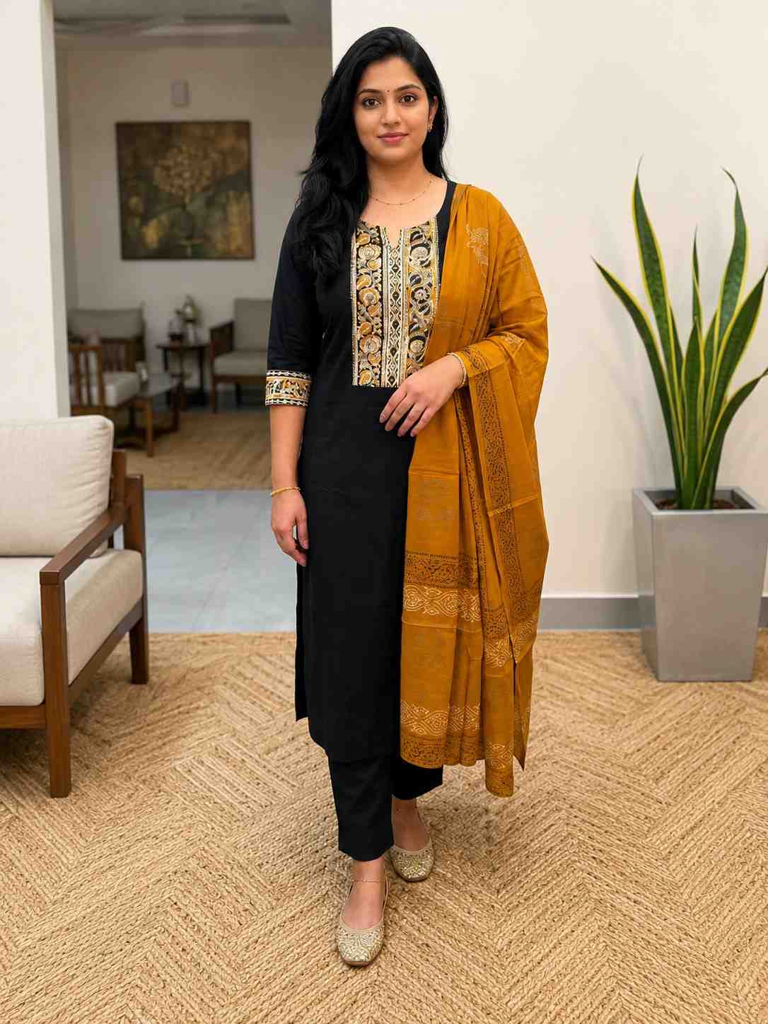Beautiful 3 piece set in cotton with black and mustard yellow combo