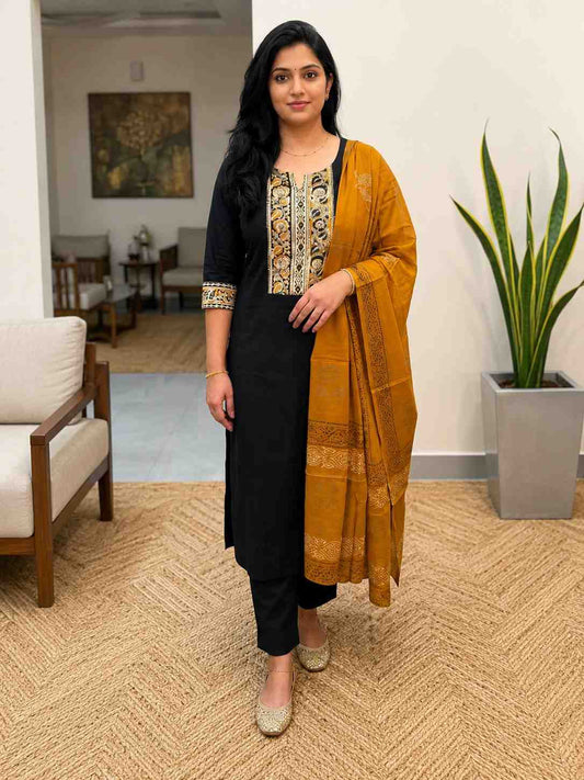 Beautiful 3 piece set in cotton with black and mustard yellow combo
