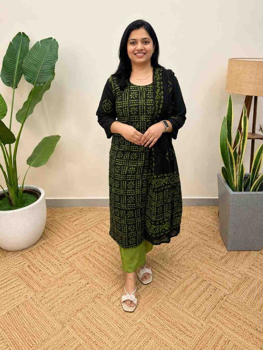 3 piece set in cotton with Batik print, Black and green combo