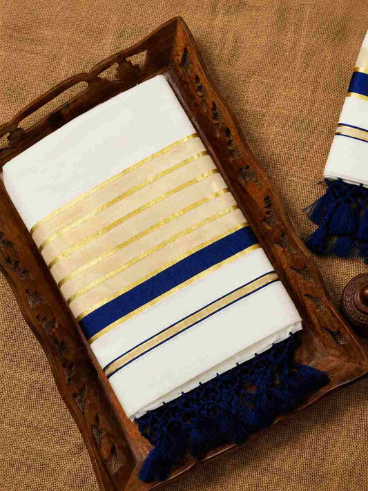 Kerala Kasavu Saree with elegant blue and golden border