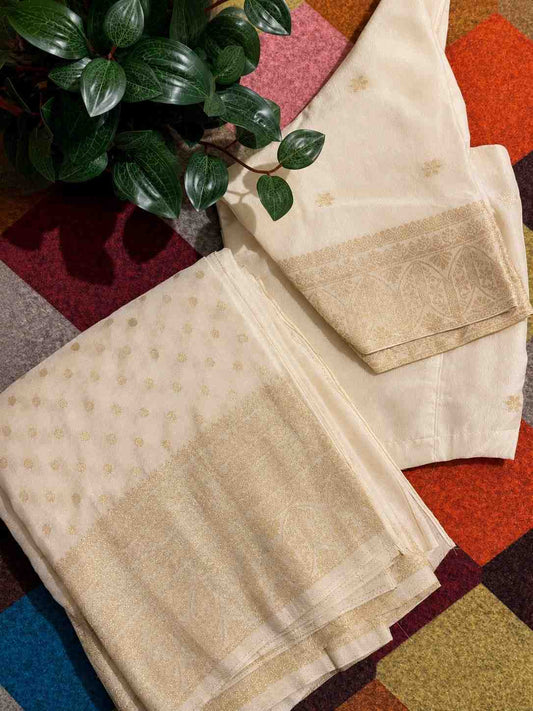 Beige Cotton Saree with Subtle Woven Design With Stitched Blouse