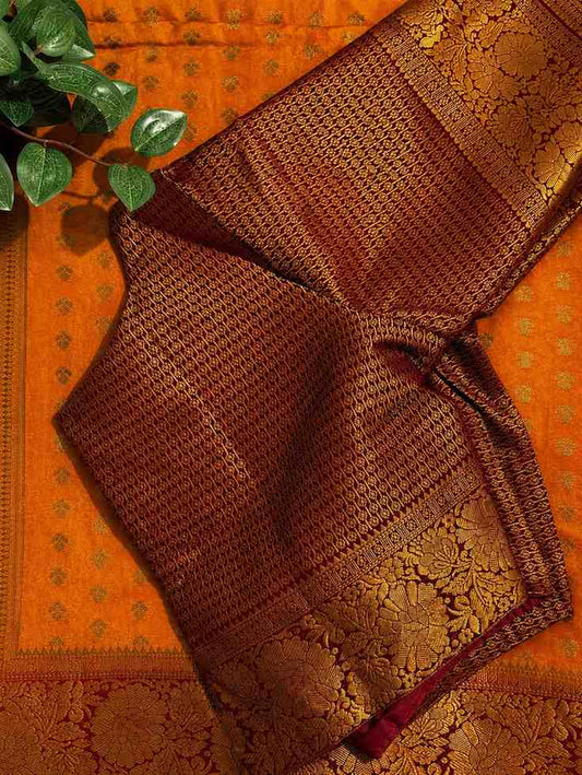 Brown Banarasi Silk Saree With Stitched Blouse