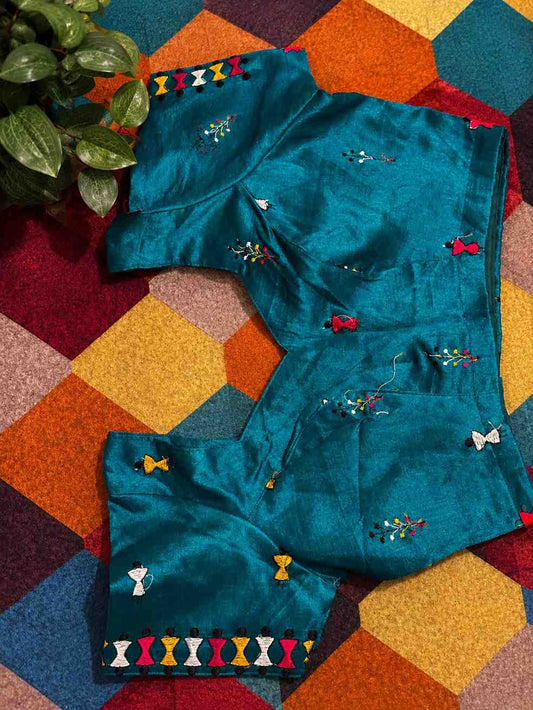 Teal Blue Embroidered Ready Made Blouse