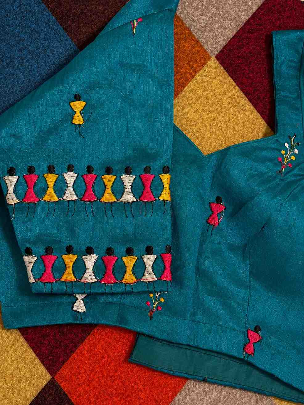 Teal Blue Embroidered Ready Made Blouse