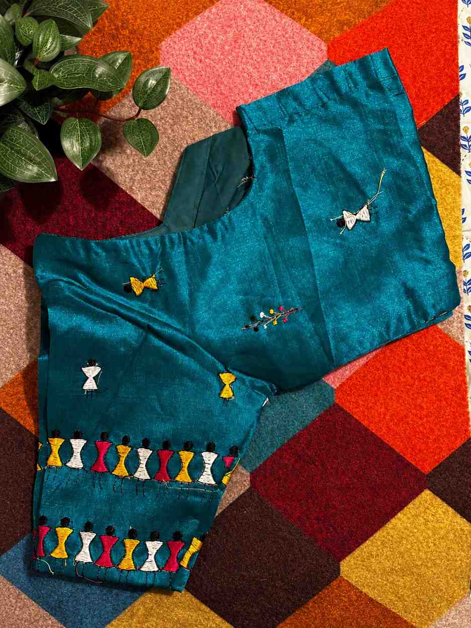 Teal Blue Embroidered Ready Made Blouse