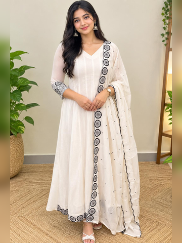 Beautiful Anarckali 3 piece set in Fox Georgette Chikku and off white mix shade