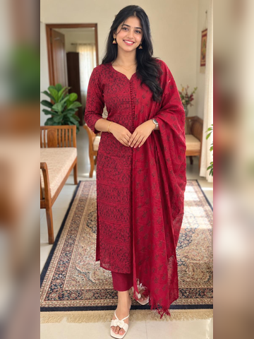 3 piece set in Net Kota fabric,Reddish Maroon color