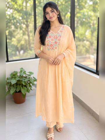 Premium 3 piece set in Mul cotton, Baby Orange color with floral embroidary