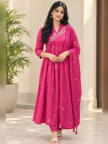 Mulcotton 3 piece set in beautiful Rani pink color with embroidery