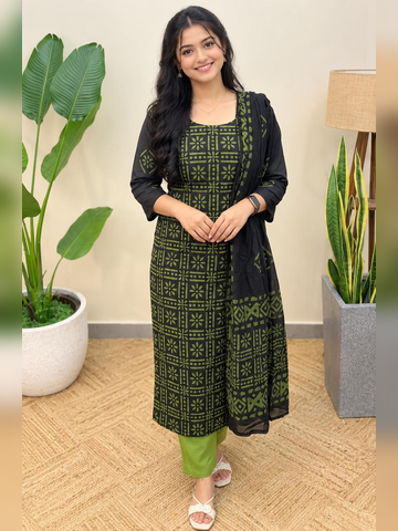3 piece set in cotton with Batik print, Black and green combo