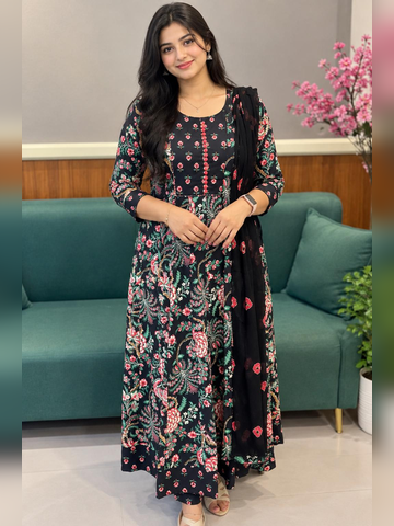 Beautiful Anarkali 3 piece set in jet black with florals