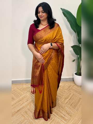 Mango yellow and Maroon Banarasi Silk Saree With Stitched Blouse