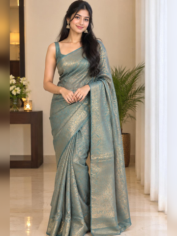 Pastel green soft silk saree with stitched blouse