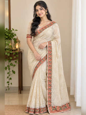 Off white Beauty Saree with Floral Border