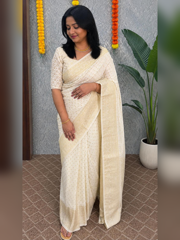 Off White Banarasi Saree With Stitched Blouse