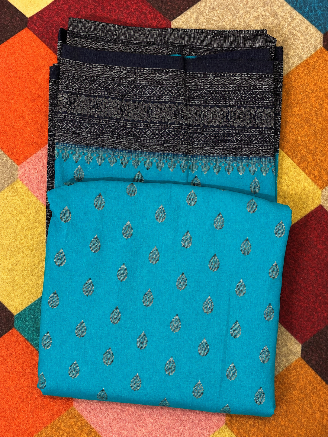 Turquoise Blue & Black Woven Saree