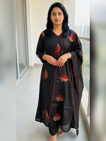3 piece set in glass Chanderi fabric with thread embroidered, jet black color